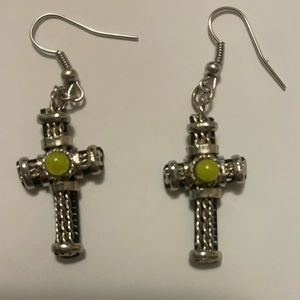 Silver cross earrings with green center stone, great condition